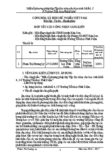 Đơn công nhận Sáng kiến Một số phương pháp dạy Tập đọc nhạc cho học sinh Khối 4, 5 ở Trường Tiểu học Phát Diệm