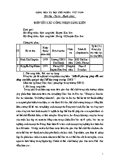 Đơn công nhận Sáng kiến Một số phương pháp đổi mới nâng cao hiệu quả giờ dạy Thể dục trong trường THCS
