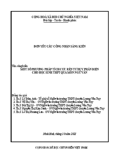 Đơn công nhận Sáng kiến Một số phương pháp tích cực rèn tư duy phản biện cho học sinh THPT qua môn Ngữ Văn