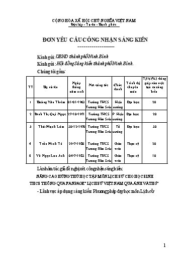 Đơn công nhận Sáng kiến Nâng cao hứng thú học tập môn Lịch sử cho học sinh THCS thông qua fanpage Lịch sử Việt Nam qua ảnh và thơ