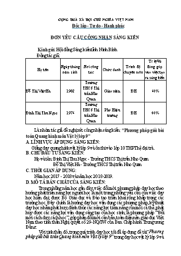Đơn công nhận Sáng kiến Phương pháp giải bài toán Quang hình môn Vật lý Lớp 9