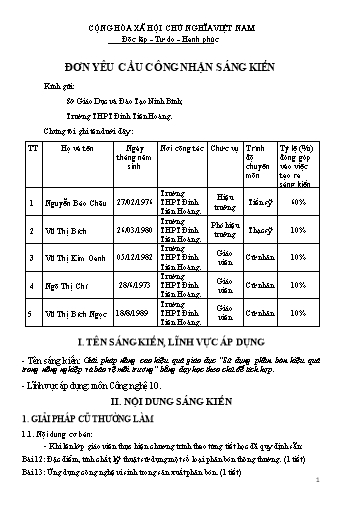 Đơn công nhận Sáng kiến Sử dụng phân bón hiệu quả trong nông nghiệp và bảo vệ môi trường” bằng dạy học theo chủ đề tích hợp