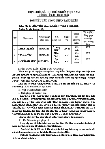 Đơn công nhận SKKN Giải pháp nâng cao hiệu quả dạy học trực tiếp và trực tuyến chủ đề “Sinh trưởng và sinh sản của vi sinh vật” bằng phương pháp dạy học tích cực ứng dụng các phần mềm