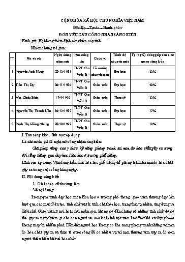 Đơn công nhận SKKN Giải pháp nâng cao ý thức, kỹ năng phòng tránh tai nạn do hóa chất gây ra trong đời sống thông qua dạy học Hóa học ở trường phổ thông