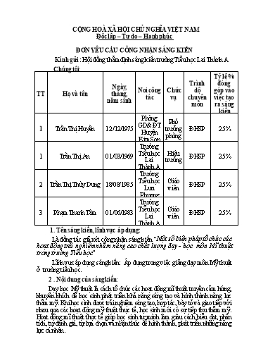 Đơn công nhận SKKN Một số biện pháp tổ chức các hoạt động trải nghiệm nhằm nâng cao chất lượng dạy - Học môn Mĩ thuật trong trường Tiểu học