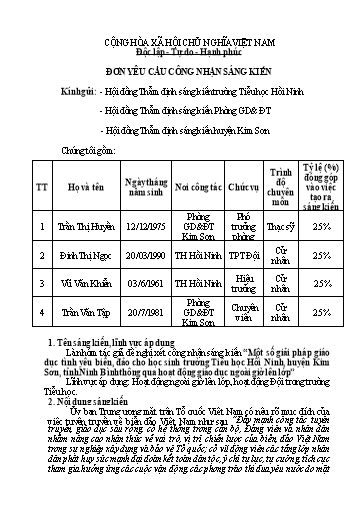 Đơn công nhận SKKN Một số giải pháp giáo dục tình yêu biển, đảo cho học sinh trường Tiểu học Hồi Ninh, huyện Kim Sơn, tỉnh Ninh Bình thông qua hoạt động giáo dục ngoài giờ lên lớp