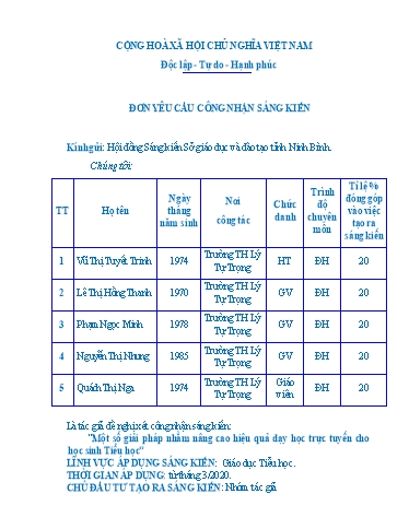 Đơn công nhận SKKN Một số giải pháp nhằm nâng cao hiệu quả dạy học trực tuyến cho học sinh Tiểu học
