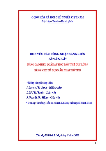 Đơn công nhận SKKN Nâng cao hiệu quả dạy học môn Thể dục Lớp 5 bằng việc sử dụng âm nhạc hỗ trợ