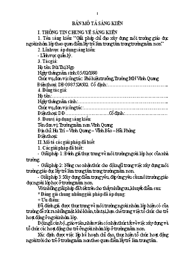 Mô tả Sáng kiến Giải pháp chỉ đạo xây dựng môi trường giáo dục ngoài nhóm lớp theo quan điểm lấy trẻ làm trung tâm trong Trường Mầm non