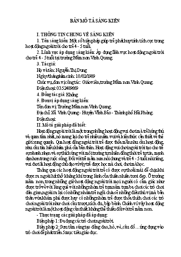 Mô tả Sáng kiến Một số biện pháp giúp trẻ phát huy tính tích cực trong hoạt động ngoài trời cho trẻ 4 - 5 tuổi