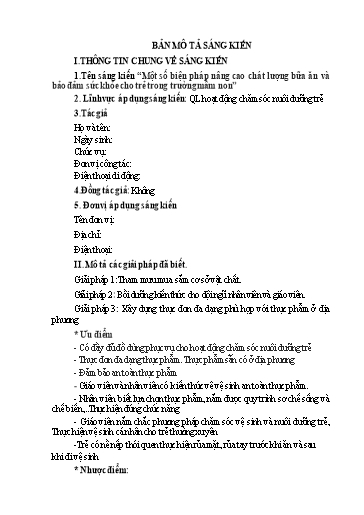 Mô tả Sáng kiến Một số biện pháp nâng cao chát lượng bữa ăn và bảo đảm sức khỏe cho trẻ trong Trường Mầm non
