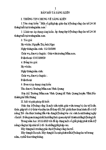 Mô tả Sáng kiến Một số giải pháp giáo dục kỹ năng sống cho trẻ 24-36 tháng tuổi tại Trường Mầm non