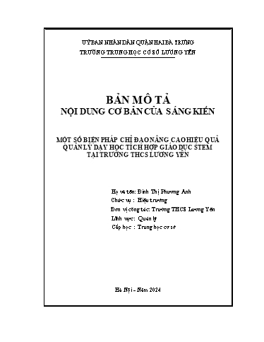 Mô tả SKKN Một số biện pháp chỉ đạo nâng cao hiệu quả quản lý dạy học tích hợp giáo dục STEM tại trường Trung học cơ sở Lương Yên