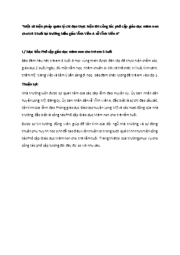 Một số biện pháp quản lý chỉ đạo thực hiện tốt công tác phổ cập giáo dục mầm non cho trẻ 5 tuổi tại trường Mẫu giáo Vĩnh Viễn A xã Vĩnh Viễn A