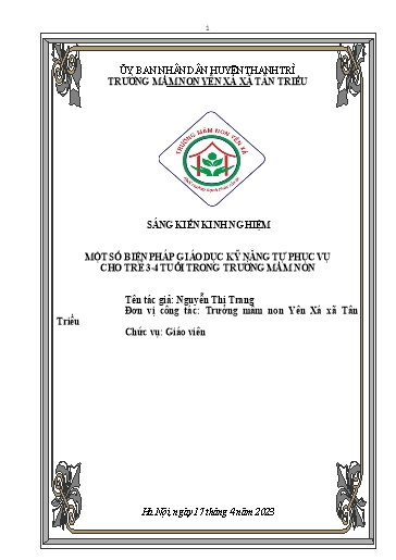 Sáng kiến kinh nghiệm Một số biện pháp giáo dục kỹ năng tự phục vụ cho trẻ 3- 4 tuổi tại Trường Mầm non