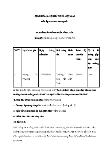 Sáng kiến kinh nghiệm Một số biện pháp giáo dục trẻ bảo vệ môi trường cho trẻ Mẫu giáo 5- 6 tuổi tại Lớp 5 tuổi A1 trường mầm non Tân Thái