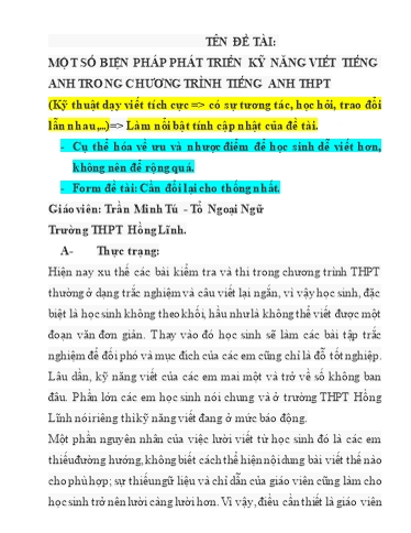 Sáng kiến kinh nghiệm Một số biện pháp phát triển kỹ năng viết Tiếng Anh trong chương trình Tiếng Anh THPT