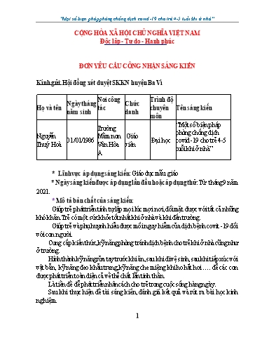 Sáng kiến kinh nghiệm Một số biện pháp phòng chống dịch covid -19 cho trẻ 4-5 tuổi khi ở nhà