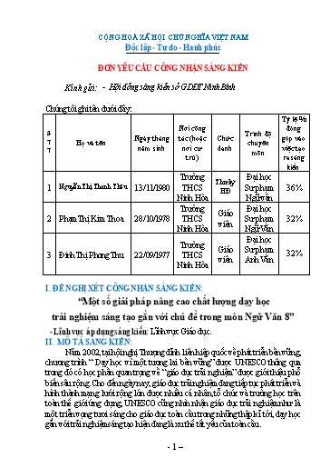 Sáng kiến kinh nghiệm Một số giải pháp nâng cao chất lượng dạy học trải nghiệm sáng tạo gắn với chủ đề trong môn Ngữ Văn 8