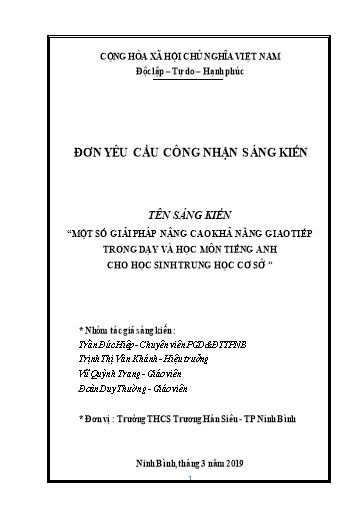 Sáng kiến kinh nghiệm Một số giải pháp nâng cao khả năng giao tiếp tiếng Anh cho học sinh Trung học cơ sở
