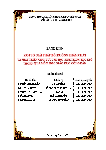 SKKN Một số giải pháp bồi dưỡng phẩm chất và phát triển năng lực cho học sinh trung học phổ thông qua môn học Giáo dục công dân