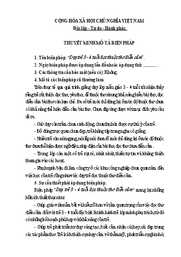 Thuyết minh Biện pháp Dạy trẻ 3 - 4 tuổi đọc thuộc thơ diễn cảm
