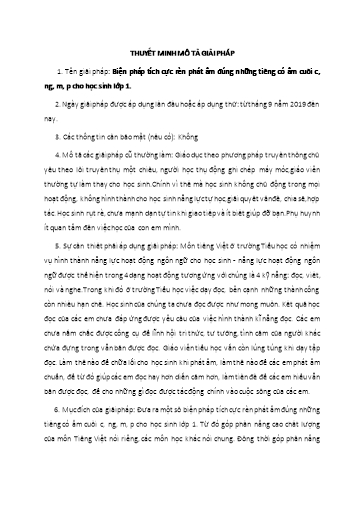 Thuyết minh Biện pháp Tích cực rèn phát âm đúng những tiếng có âm cuối c, ng, m, p cho học sinh lớp 1