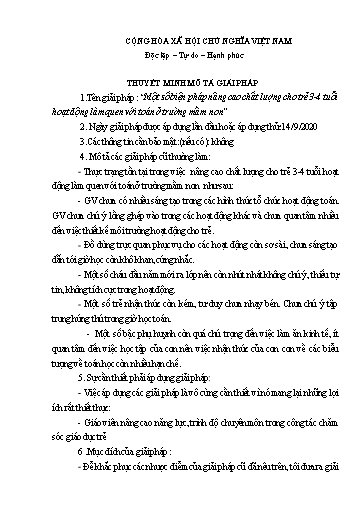 Thuyết minh Giải pháp Một số biện pháp nâng cao chất lượng cho trẻ 3-4 tuổi hoạt động làm quen với Toán ở trường Mầm non