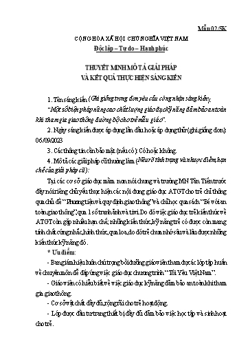 Thuyết minh Sáng kiến Một số biện pháp nâng cao chất lượng giáo dục kỹ năng đảm bảo an toàn khi tham gia giao thông đường bộ cho trẻ Mẫu giáo