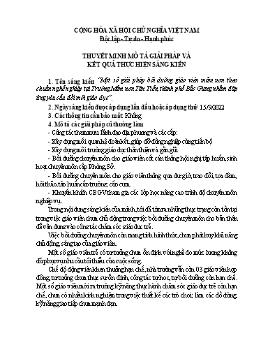 Thuyết minh Sáng kiến Một số giải pháp bồi dưỡng giáo viên mầm non theo chuẩn nghề nghiệp tại Trường Mầm non Tân Tiến, Thành phố Bắc Giang nhằm đáp ứng yêu cầu đổi mới giáo dục