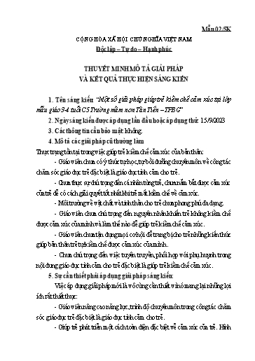 Thuyết minh Sáng kiến Một số giải pháp giúp trẻ kiềm chế cảm xúc tại lớp Mẫu giáo 3-4 tuổi C5 Trường mầm non Tân Tiến – TPBG
