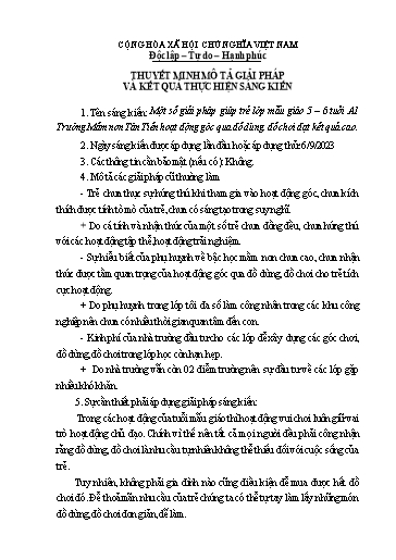 Thuyết minh Sáng kiến Một số giải pháp giúp trẻ lớp mẫu giáo 5 – 6 tuổi A1 Trường Mầm non Tân Tiến hoạt động góc qua đồ dùng, đồ chơi đạt kết quả cao