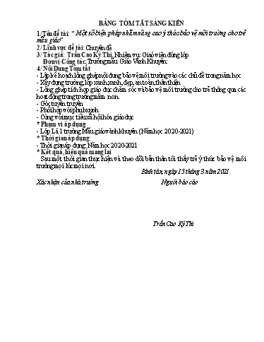 Tóm tắt Sáng kiến Một số biện pháp nhằm nâng cao ý thức bảo vệ môi trường cho trẻ Mẫu giáo