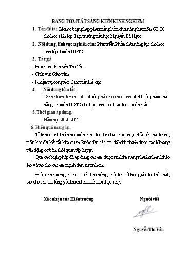 Tóm tắt SKKN Một số biện pháp phát triển phẩm chất năng lực môn GDTC cho học sinh Lớp 1 tại Trường Tiểu học Nguyễn Bá Ngọc
