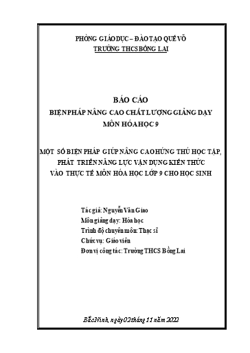 Báo cáo Sáng kiến Một số biện pháp giúp nâng cao hứng thú học tập, phát triển năng lực vận dụng kiến thức vào thực tế môn Hóa học Lớp 9 cho học sinh