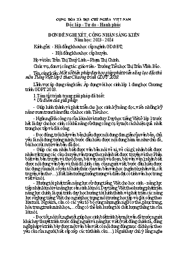 Đơn công nhận Sáng kiến Một số biện pháp dạy học giúp phát triển năng lực đặc thù môn Tiếng Việt Lớp 1 theo Chương trình GDPT 2018