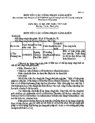 Đơn công nhận Sáng kiến Một số biện pháp giúp học sinh Lớp 5 vận dụng sơ đồ tư duy để học tốt môn Khoa học