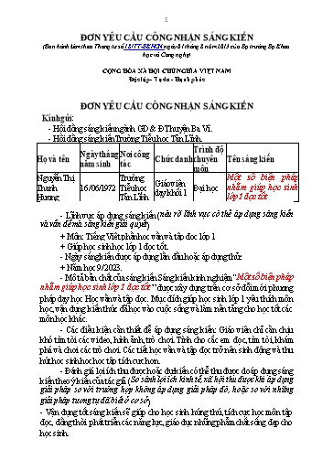 Đơn công nhận Sáng kiến Một số biện pháp nhằm giúp học sinh Lớp 1 đọc tốt