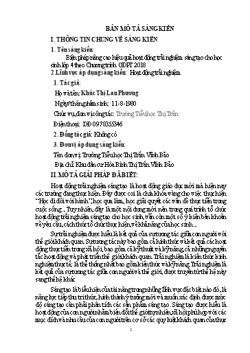 Mô tả Sáng kiến Biện pháp nâng cao hiệu quả hoạt động trải nghiệm sáng tạo cho học sinh Lớp 4 theo Chương trình GDPT 2018
