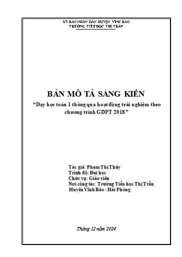 Mô tả Sáng kiến Dạy học Toán 1 thông qua hoạt động trải nghiệm theo chương trình GDPT 2018