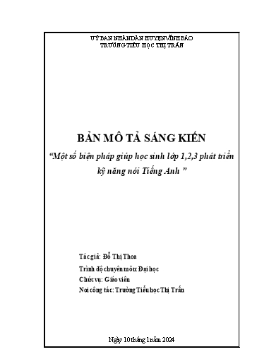 Mô tả Sáng kiến Một số biện pháp giúp học sinh Lớp 1,2,3 phát triển kỹ năng nói Tiếng Anh