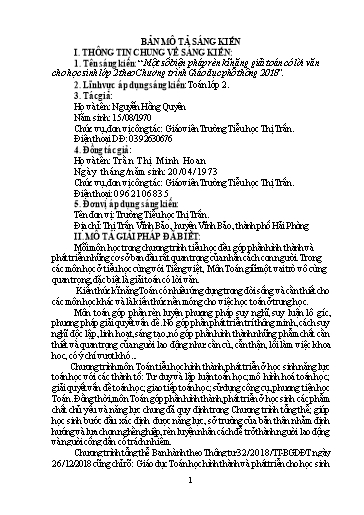 Mô tả Sáng kiến Một số biện pháp rèn kĩ năng giải toán có lời văn cho học sinh Lớp 2 theo Chương trình Giáo dục phổ thông 2018