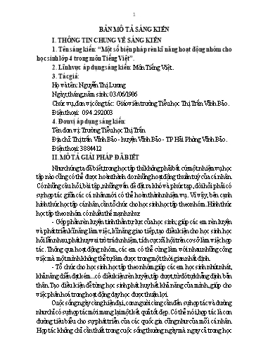 Mô tả Sáng kiến Một số biện pháp rèn kĩ năng hoạt động nhóm cho học sinh Lớp 4 trong môn Tiếng Việt