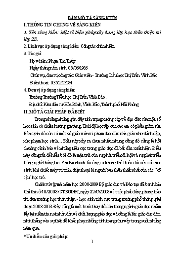 Mô tả Sáng kiến Một số biện pháp xây dựng lớp học thân thiện tại Lớp 2D