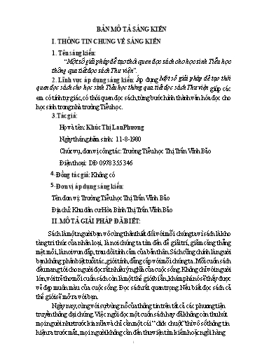 Mô tả Sáng kiến Một số giải pháp để tạo thói quen đọc sách cho học sinh Tiểu học thông qua tiết đọc sách Thư viện
