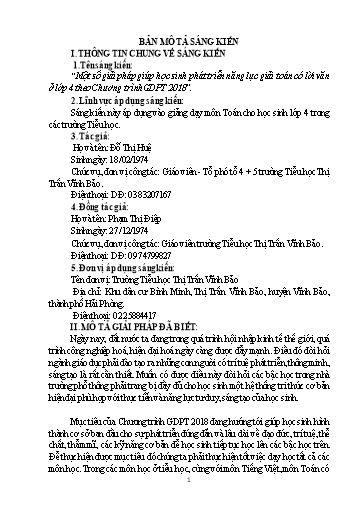 Mô tả Sáng kiến Một số giải pháp giúp học sinh phát triển năng lực giải toán có lời văn ở Lớp 4 theo Chương trình GDPT 2018