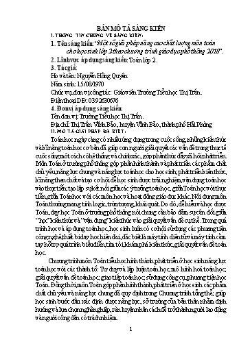 Mô tả Sáng kiến Một số giải pháp nâng cao chất lượng môn Toán cho học sinh Lớp 2 theo chương trình giáo dục phổ thông 2018