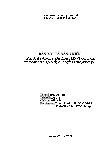 Mô tả Sáng kiến Một số kinh nghiệm trong công tác chủ nhiệm với việc nâng cao tinh thần thi đua trong học tập và rèn luyện đối với học sinh Lớp 4