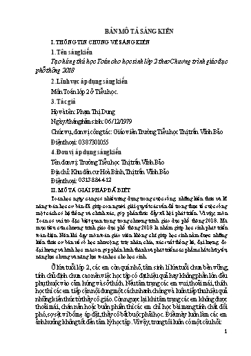Mô tả Sáng kiến Tạo hứng thú học Toán cho học sinh Lớp 2 theo Chương trình giáo dục phổ thông 2018
