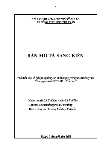 Sáng kiến kinh nghiệm Cải tiến một số giải pháp nâng cao chất lượng trong nhà trường theo Chương trình GDPT 2018 ở Tiểu học
